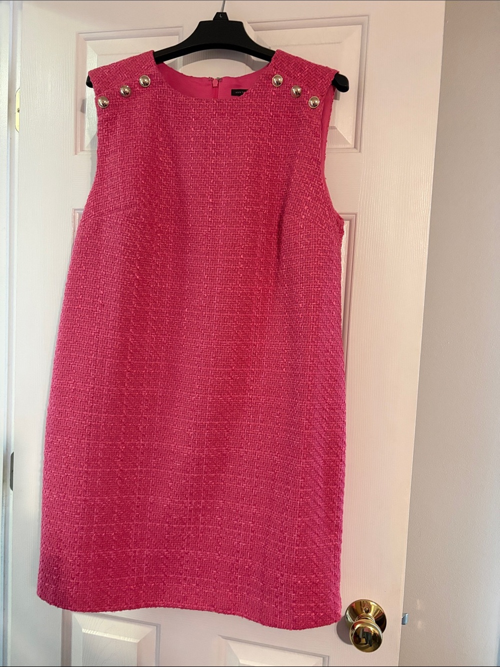 Ann Taylor Hot Pink Tweed Sleeveless Shift Dress with Stud Buttons